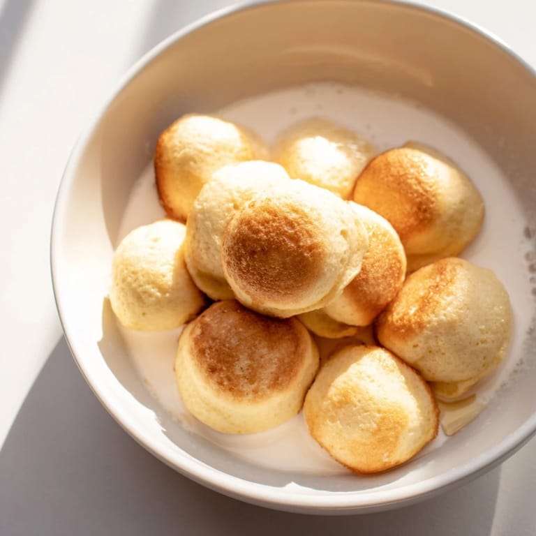 Close-up of freshly cooked pancake cereal, offering perfectly sized, golden brown breakfast bites.