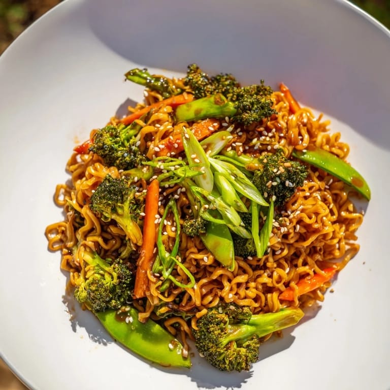 Quick and easy Ramen Noodle Stir-Fry Remix ready to eat, with ramen and sesame seeds visible.