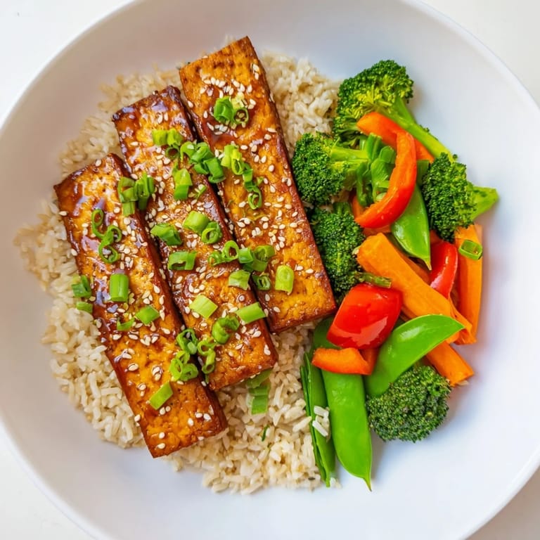 A close-up view of perfectly seared Pressed Tofu Steaks next to a vibrant vegetable stir-fry.