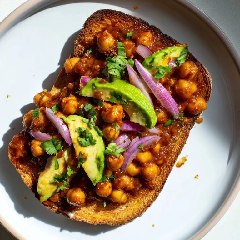 Close-up of BBQ Chickpeas on Toast: tender chickpeas simmered in sauce atop toasted bread, garnished with fresh herbs.
