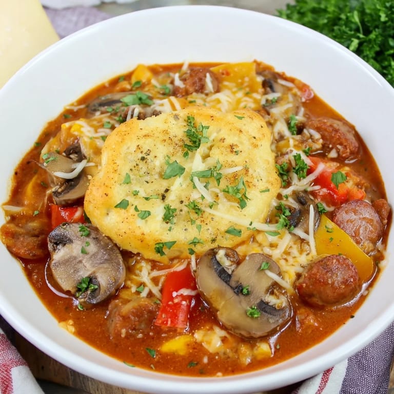 Creamy, cheesy Pizza Pot Pie Soup mashup with aromatic herbs and a perfect bread topping.