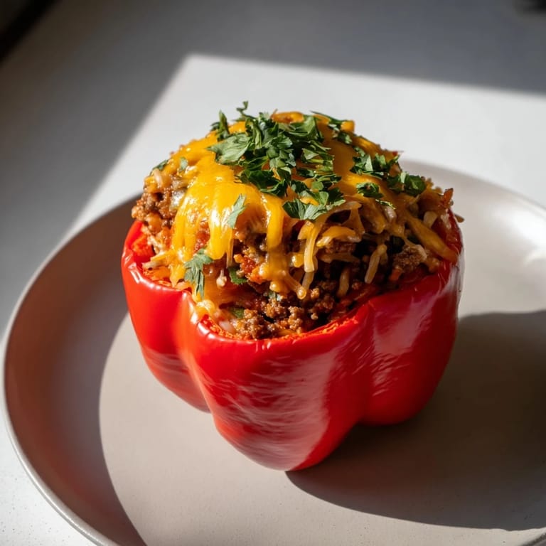 A close-up of a bubbling, cheesy Sloppy Joe Stuffed Pepper, ready to enjoy for a hearty weeknight dinner.