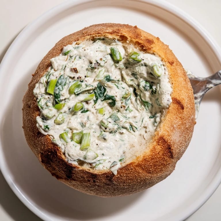 Party-ready spinach dip: a rustic bread bowl filled with the classic, creamy best spinach dip ever.