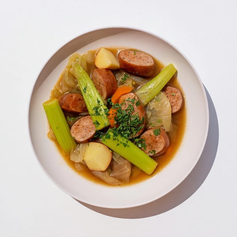 Delicious Stovetop Sausage, Celery, and Apple Hotpot simmering in a Dutch oven with fresh herbs for aroma.