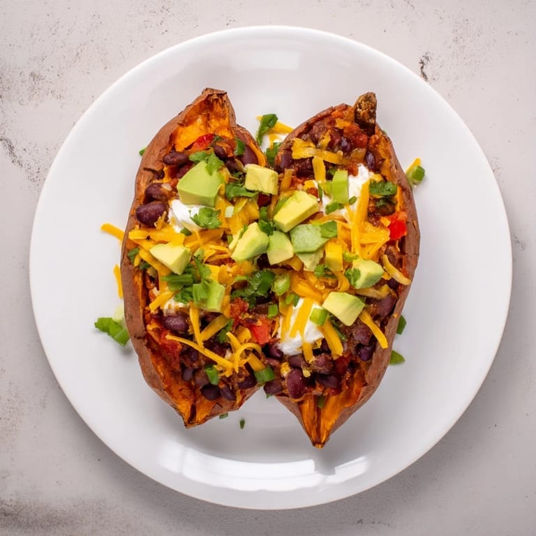 Warm, comforting image of baked sweet potato chili boats, a satisfying vegetarian main course.