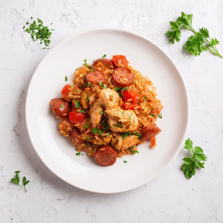 The vibrant, layered Simple Chicken and Sausage Jambalaya shows tender chicken, rice, and sausage in a tomato base.