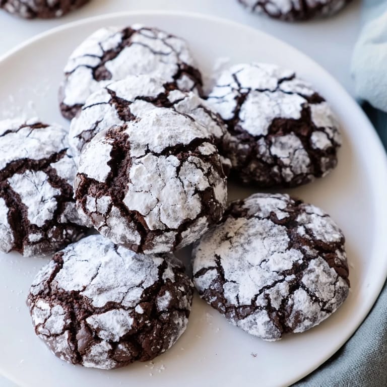 Air-fried Chocolate Crinkle Cookies with a fudgy interior and beautiful crackled surfaces, ready to enjoy.