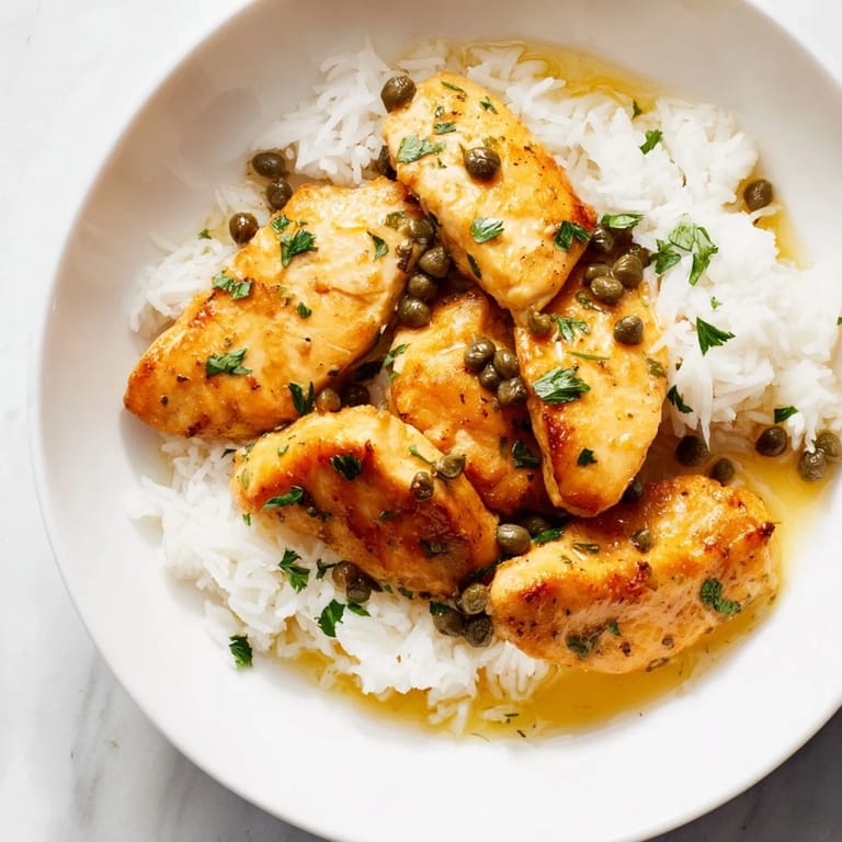 Imagine the savory aroma of chicken piccata, a quick and easy recipe in this vibrant rice bowl with parsley garnish.