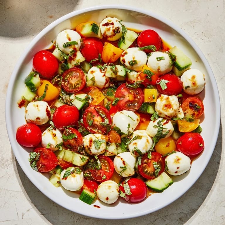 A close-up view of the Simple Holiday Chopped Caprese Salad, perfect for your holiday table, fresh and bright.
