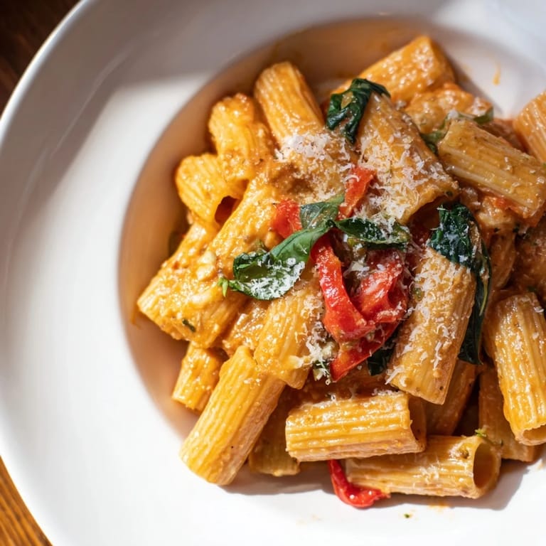 Creamy, light Lightened-Up Vodka Rosé Christmas Pasta; a vegetarian pasta dish with seasonal flavors.