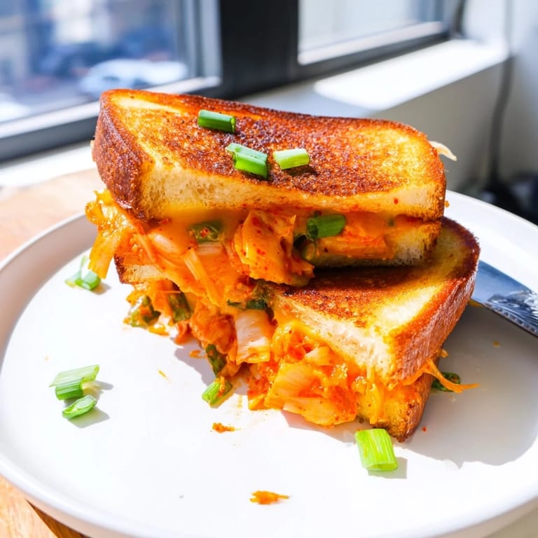 Perfectly browned Skillet Kimchi & Cheddar Fusion Grilled Cheese, with a gooey, cheesy interior and crunchy bread.