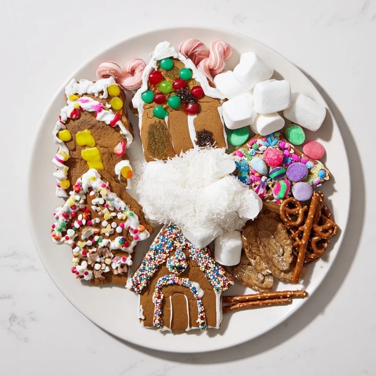 This inviting photo showcases a festive Gingerbread House Board brimming with creative candy and homemade gingerbread elements.