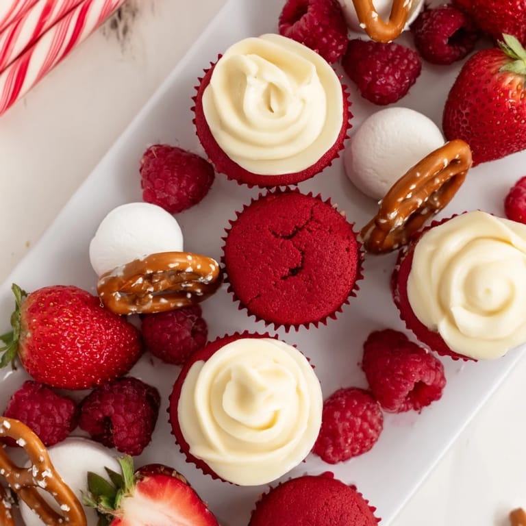 A beautiful Candy Cane Striped Platter arranged with strawberries, licorice, and vanilla treats.