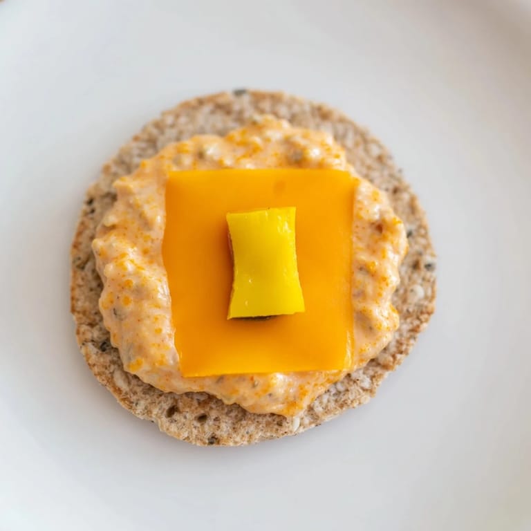Close-up of golden crackers transformed into Santa's Belt, with creamy dip and black olive belts.