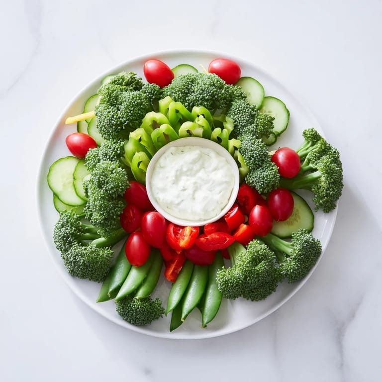 A beautiful Holly Leaf Veggie Board, with crisp broccoli florets and cherry tomatoes, perfect for holiday eating.
