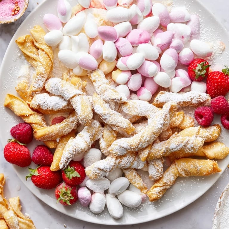Dusty powdered sugar coats these crispy Angel Wings, an elegant dessert board perfect for a party.