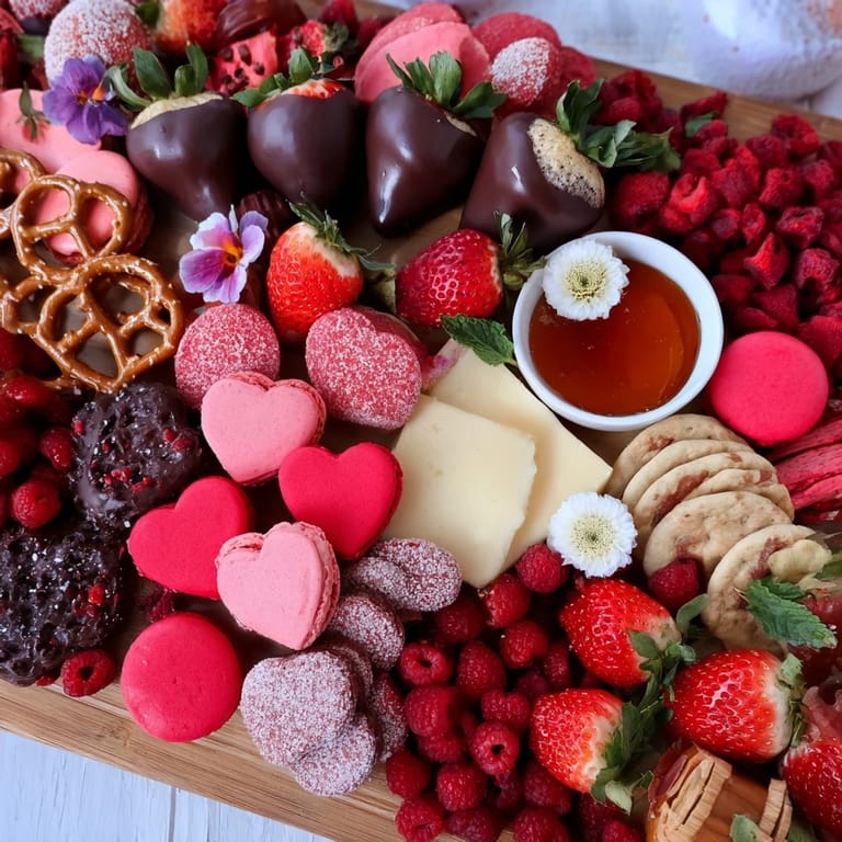 A beautiful Sweetheart Valentines Day Board overflowing with treats and fruits, inviting romance.
