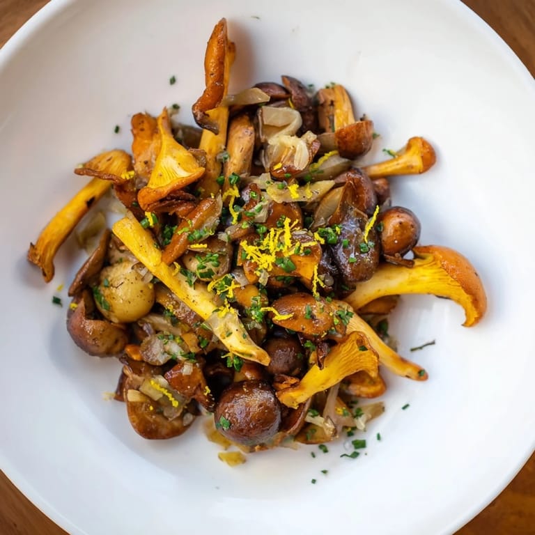 A close-up of the finished Enchanted Forest Mushrooms glistening in white wine sauce served elegantly.