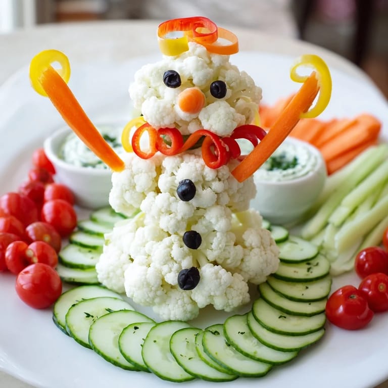 This visually appealing Snowman Crudités with Dip displays a healthy, fun appetizer for kids.