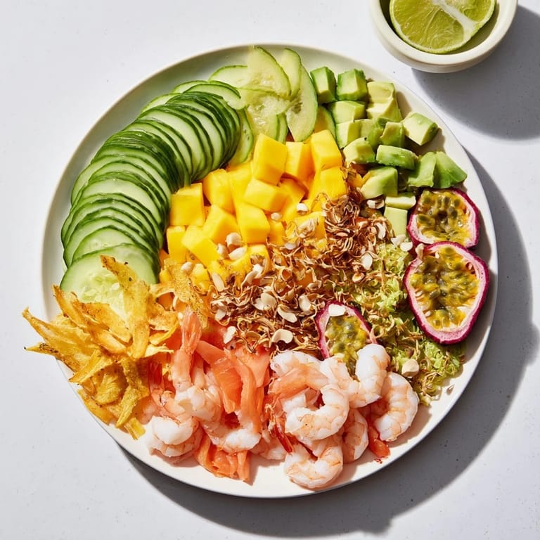 Fresh, vibrant Tropical Wave Tasting Platter featuring shrimp, pineapple, and creamy avocado, perfect for summer.