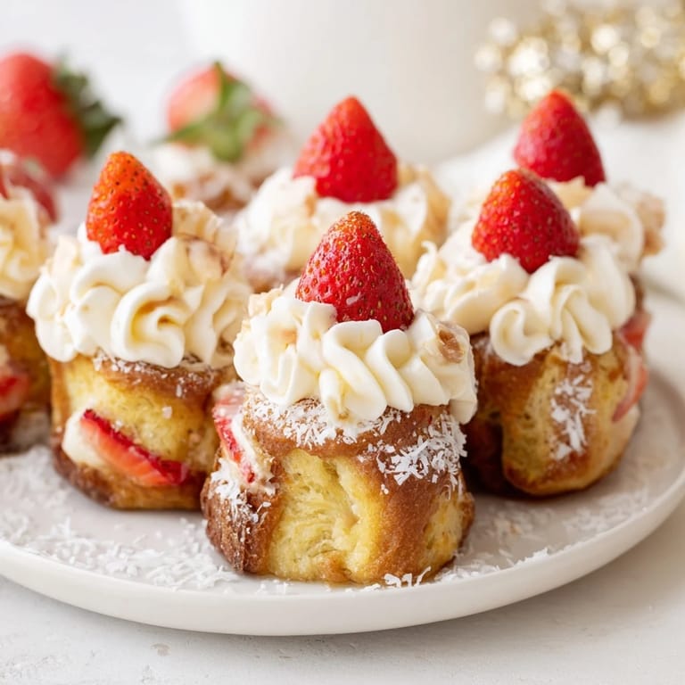 Mini muffin tray of festive Santa Hat Bread Pudding Bites ready to be served at a holiday party.