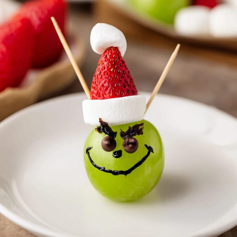 Kid-friendly Grinch Snack brings the Grinch to life with green grapes, sweet marshmallows, and playful faces.