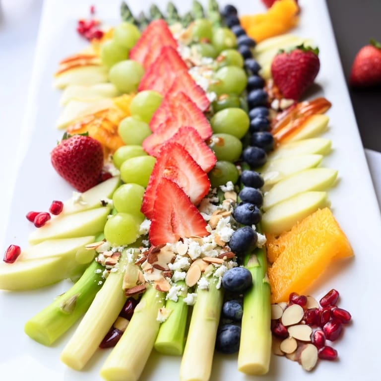 Lush image of a beautifully arranged Asparagus Stem Floral Fruit Board with vibrant seasonal fruits.