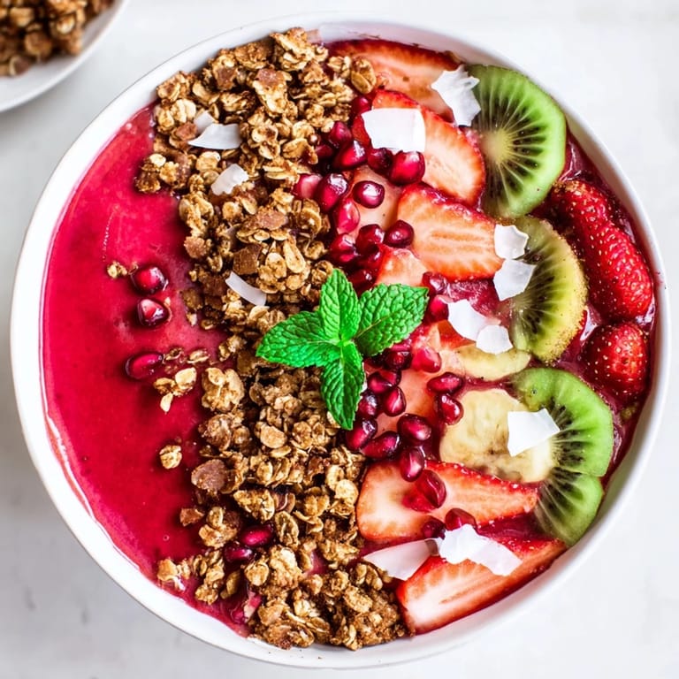 Enjoy this creamy, refreshing Festive Red and Green Smoothie Bowl, a sweet, healthy breakfast choice.