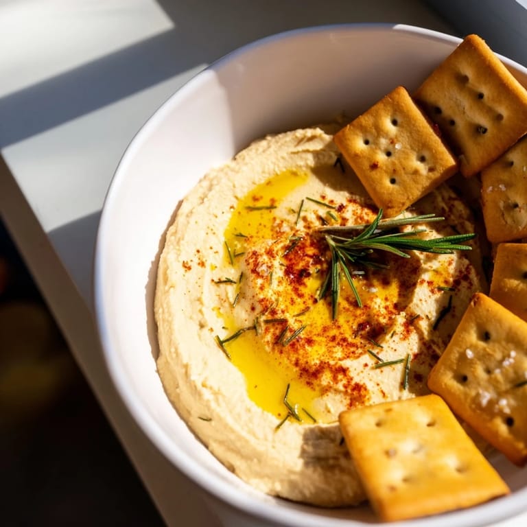 A close-up shot of crispy Holiday Crackers with fresh rosemary and a bowl of delicious hummus.