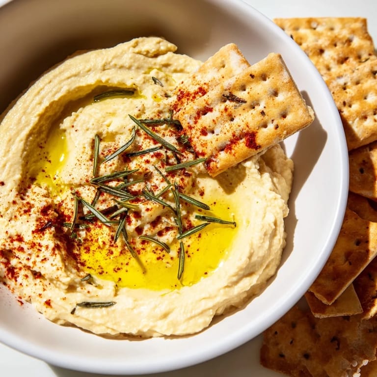 Enjoy a festive appetizer: the classic pairing of Holiday Crackers with homemade hummus, perfect for sharing.