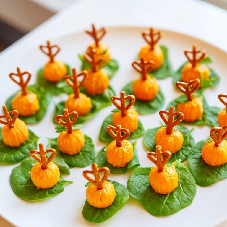 Close-up of the easy-to-assemble Pumpkin Patch Grid appetizer with pretzel stems for a festive treat.