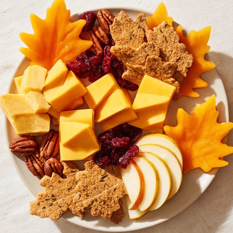 This Thanksgiving Leaf Fall features an inviting arrangement of leaf-shaped cheeses, crackers, and fruits for appetizers.