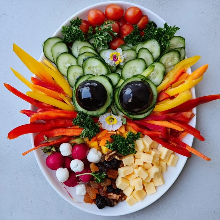 A colorful The Masquerade Mask party platter featuring fresh veggies, nuts, and mini mozzarella balls.
