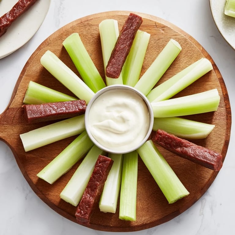 Gathering-ready The Rustic Wheel appetizer with meat sticks and fresh celery, perfect for sharing and dipping.