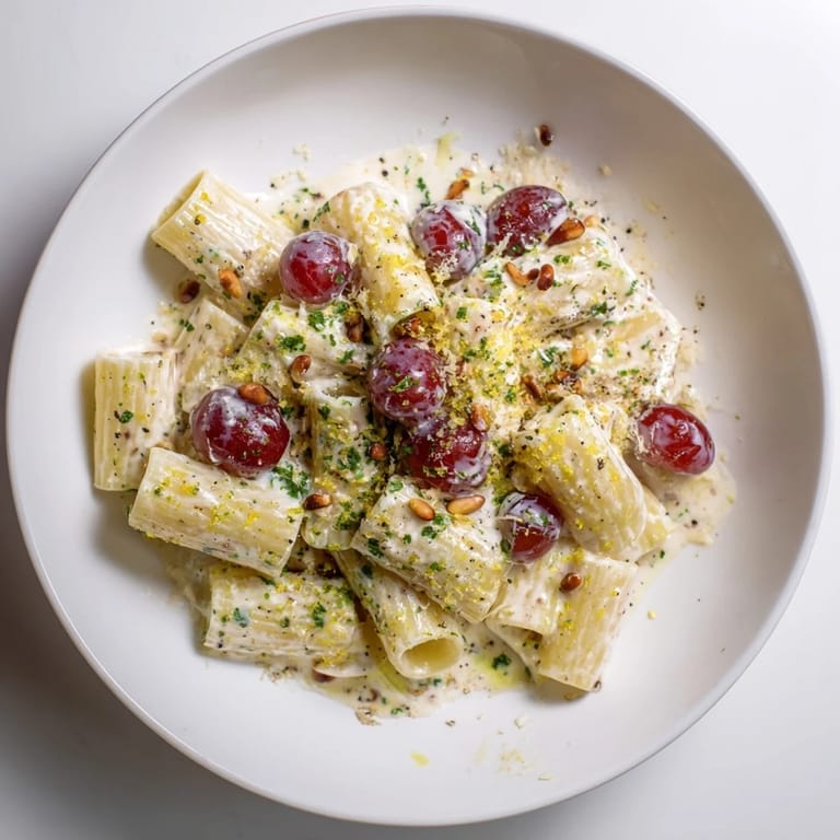 A beautiful close-up of pasta with roasted grapes and creamy ricotta, ready to serve.
