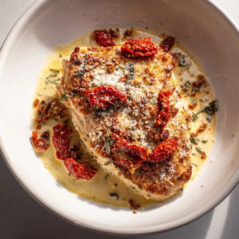 Plate of Marry Me Chicken, dusted with Parmesan, a romantic, creamy Italian-American inspired dish.