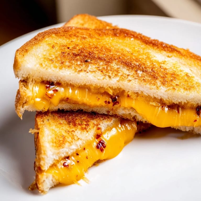 Close-up of a perfectly toasted Honey Chipotle Butter Grilled Cheese oozing melted cheddar, a flavorful sandwich.