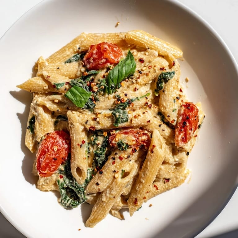 Savory cottage cheese high-protein pasta, featuring penne coated in a velvety, white cheese sauce.