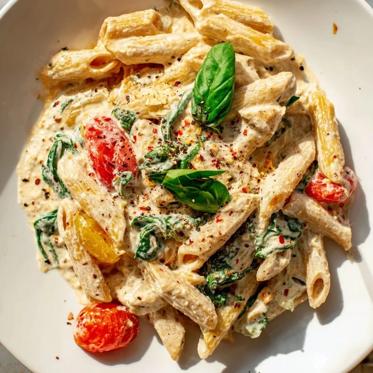 Vibrant plate of cottage cheese high-protein pasta, served with fresh tomatoes and spinach for a healthy dinner.