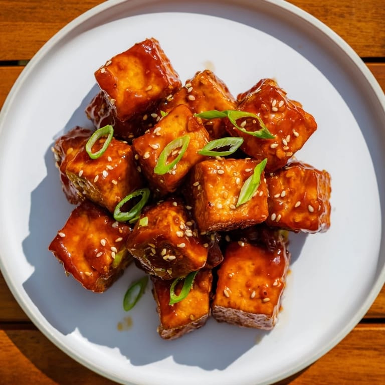 Close-up of sticky Honey Gochujang Tofu, garnished with sesame seeds and green onions, appealing and savory.