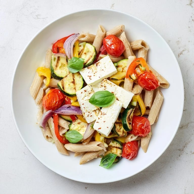 Flavorful baked feta pasta featuring whole-grain pasta and colorful roasted bell peppers.
