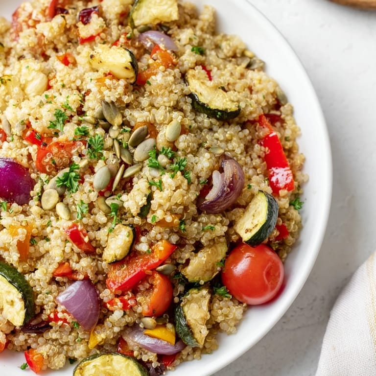 A colorful bowl of Quinoa Power Protein Salad, featuring fluffy quinoa and fresh garnishes.