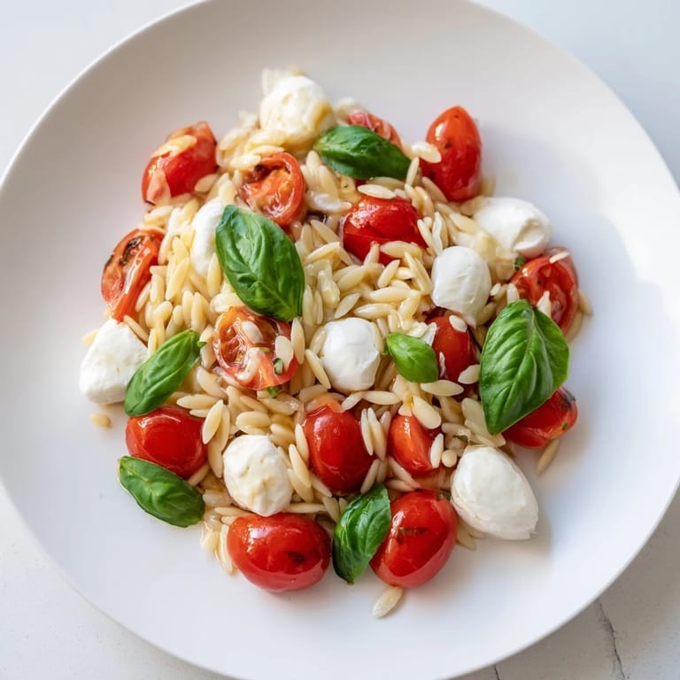 A colorful bowl of Caprese Orzo Salad, tossed in vibrant basil and a light vinaigrette, ideal for lunch. 