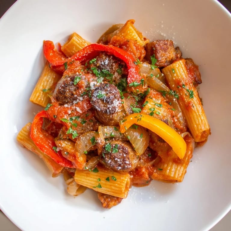 A steaming bowl of Sausage and Peppers Pasta, garnished with fresh parsley and Parmesan cheese.
