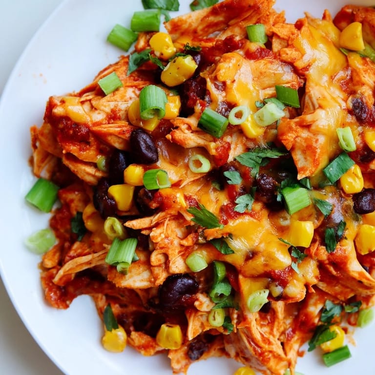 Golden-brown cheese blankets the delicious Chicken Enchilada Skillet, ready for a flavorful bite.