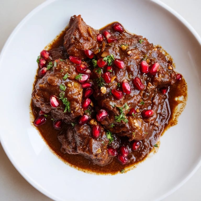 Tender chicken in a glistening Iranian Fesenjan Stew, garnished with bright pomegranate seeds for delicious contrast.