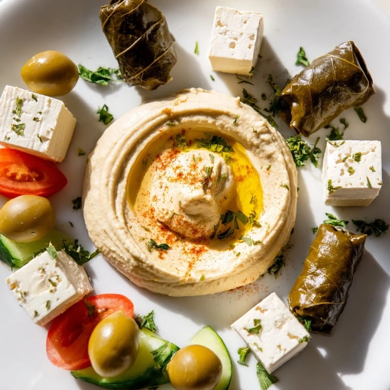 Enjoy a delicious Turkish Meze Platter starring savory stuffed grape leaves, tangy feta, and olives with warm bread.