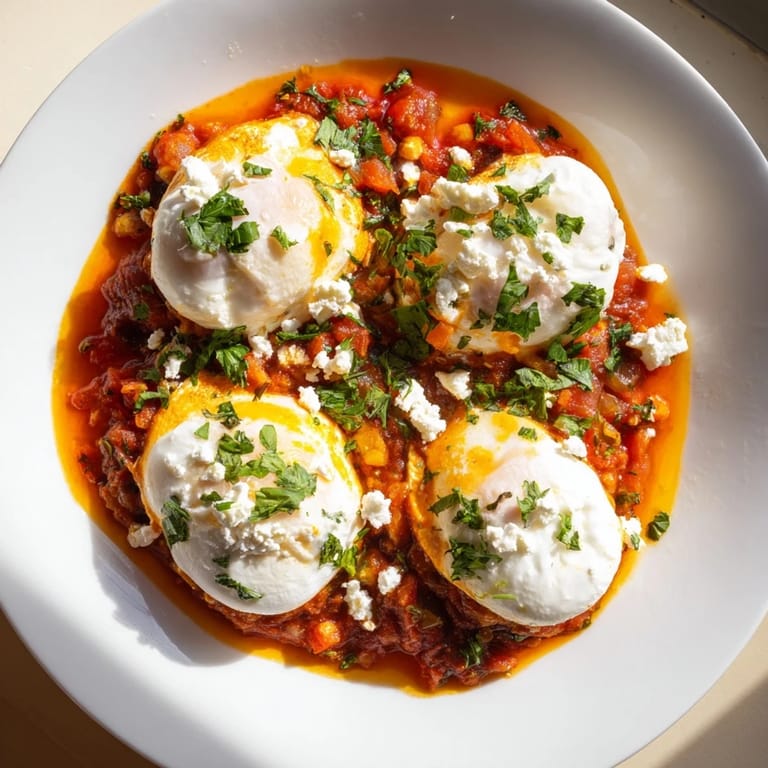 A simmering pan of Israeli Shakshuka, vibrant red with tomatoes and perfectly poached eggs, ready to eat.
