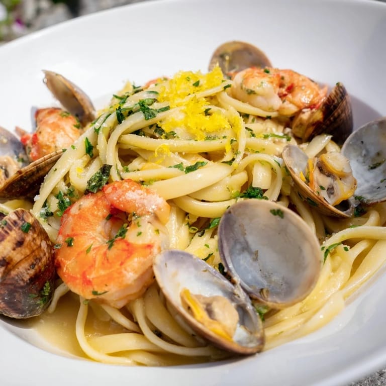 A close-up of Seafood Linguine with perfectly cooked pasta and tender seafood, a delightful pescatarian dinner.