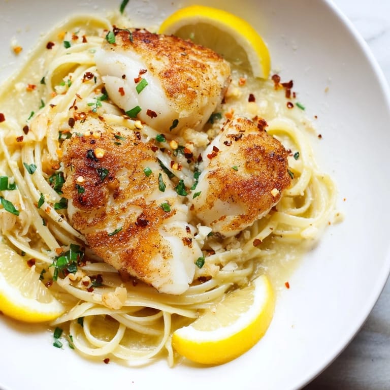 A close-up of steaming Crispy Fish Pasta reveals flaked fish, fresh herbs, and bright lemon.